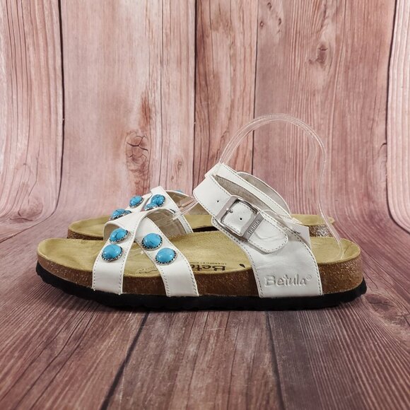 *READ* Birkenstock Betula Womens Size 10 White Turquoise Stones Sandals Rare - Picture 4 of 15